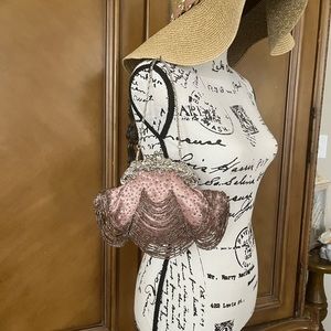 Pale pink champagne colored silver ornate beaded purse